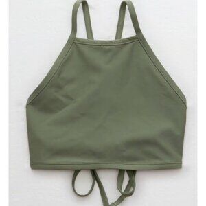 AERIE High Neck Halter Crop Bikini Swim Top Tie Back Size Small Olive Green NWT